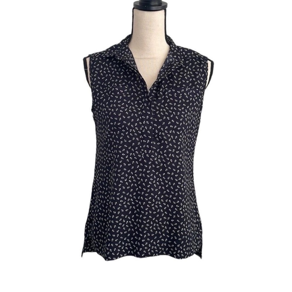 Ann Taylor Navy Blue Anchor Print Sleeveless Henley Blouse size XS Career Top